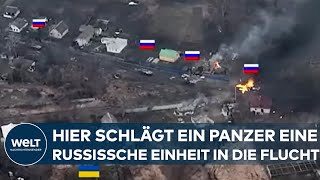 PUTINS KRIEG Neues Video Hier schlägt ein ukrainischer Panzer eine russische Einheit in die Flucht [upl. by Inaffit617]