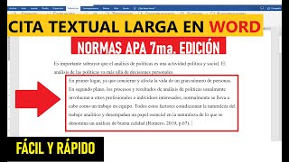 NORMAS APA CÓMO HACER UNA CITA TEXTUAL LARGA EN WORD PASO A PASO  EJEMPLO  7ma ED [upl. by Nawat250]