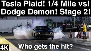 Tesla Plaid gives STAGE 2 Dodge Demon the Hit 14 Mile Drag Racing in 4K UHD [upl. by Niattirb917]