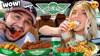 Wingstop Mukbang LOTS of flavors crispy tenders wings voodoo fries [upl. by Enialed]