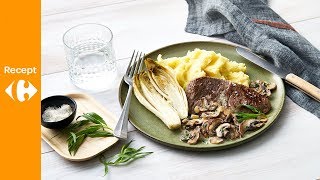 Steak met champignonsaus gebakken witloof en puree [upl. by Atinob]