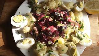 Salade pomme de terre betterave les échalote صلاطة البطاطا بطراف بيض بصل مع القارس وزيت الزيتون [upl. by Halimak]