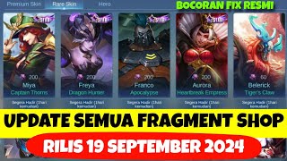 UPDATE RESMI FRAGMENT SHOP BULAN SEPTEMBER 2024  RAREHEROPREMIUM UPCOMING YANG AKAN DATANG MLBB [upl. by Tychon]