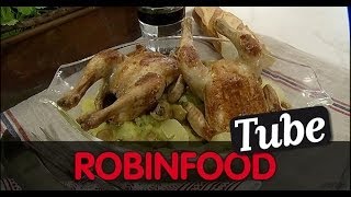 ROBINFOOD  Cabeza de jabalí con salsa lasarte  Picantón asado con patatas aplastadas [upl. by Nerat444]