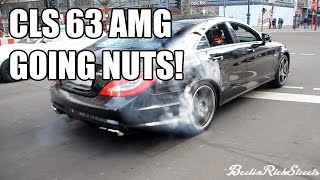 MERCEDES CLS63 AMG GOING NUTS ON PUBLIC ROADS  BURNOUTS POWERSLIDES REVS [upl. by Aligna]