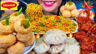 ASMR MAGGI MASALA NOODLES SPICY PANI PURI VEG MOMO CHICKEN LOLLIPOP MUKBANG MASSIVE Eating Sounds [upl. by Yanrahs]