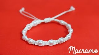 Como hacer una Pulsera de hilo simple con perlas✧ NUDO PLANO Macrame [upl. by Marlene704]