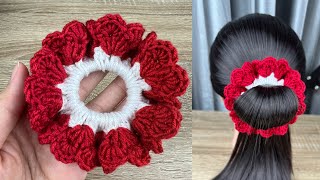 Very Cute  Crochet Love Heart Scrunchies  Crochet Scrunchies Tutorial [upl. by Orford970]