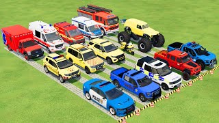 TRANSPORTING POLICE CARS AMBULANCE FIRE TRUCK MONSTER TRUCK COLORFUL CARS WITH TRUCK FS22 [upl. by Winnah795]