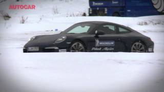 Winter tyre test  for sports cars Porsche 911 tests by wwwautocarcouk [upl. by Nylyoj250]