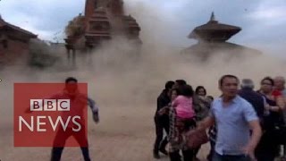 Nepal earthquake Video shows terrified tourists as the temple collapses  BBC News [upl. by Chenee]