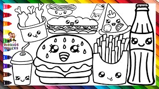 Dibuja y Colorea Comida Rapida 🍔🥤🌭🍕🥪🍗 Dibujo De Hamburguesa Coca Cola Perro Caliente Pizza Y Más [upl. by Karilla]