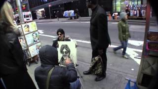 Banksy getting portrait drawn in Times Square NYC [upl. by Ahsuat615]