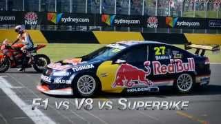 V8 Supercar vs Red Bull Formula One RB7 vs Superbike at Top Gear Festival [upl. by Yeloc]