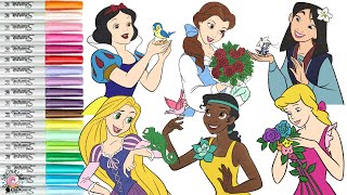 Disney Princess Coloring Book Compilation Tiana Cinderella Belle Rapunzel Mulan Ariel Snow White [upl. by Campbell]