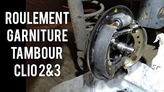 Renault clio 2 etou 3  remplacement roulement garniture et tambour de frein [upl. by Kubis]