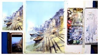 Banaras Ghat Watercolor Painting  Boats  Morning  Perspective Achintya Hazra [upl. by Yblek899]