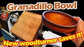 Woodturning Granadillo bowl with unexpected black walnut rim after a repair was needed [upl. by Ainerol]