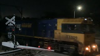 TT109 leads blue metal train through Chullora PN yard crossing trains graffiti night cold [upl. by Anomis18]