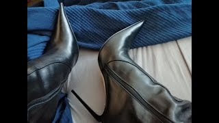 Ultra Pointy Leather Stiletto Boots closeup and toeflexing asmr [upl. by Adok532]