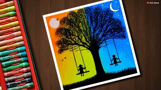 Day and Night scenery drawing for beginners with Oil Pastels  step by step [upl. by Ahsiele]