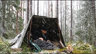 Bushcraft Winter Overnight  Canvas Poncho Shelter In Windy Snowy Conditions [upl. by Suivatal]