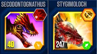 SECODONTOGNATHUS VS STYGIMOLOCH  JURASSIC WORLD THE GAME [upl. by Coffee128]