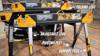 TOUGHBUILT Sawhorse C650  Best Folding Sawhorse with Pivoting Feet and Adjustable Legs toughbuilt [upl. by Htebsle]