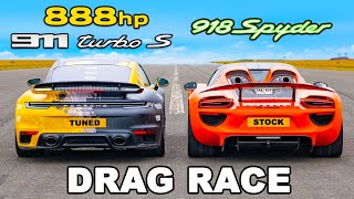 Porsche 918 Spyder v Tuned 911 Turbo S DRAG RACE [upl. by Lux112]