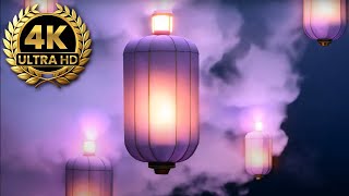 Floating Hot Air Lanterns Soft Meditation Background Flickering Candlelight and Cloudy Sky [upl. by Klarrisa]