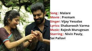 Malare  Lyrics With English Translation  Premam  Vijay Yesudas  Nivin Pauly  Sai Pallavi [upl. by Hirsch]