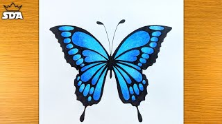 How to Draw Butterfly Easy  Blue Monarch butterfly drawing and coloring [upl. by Drusus]