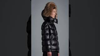 MONCLER Shiny Mairefur Short Down Jacket Fur Hooded Glossy Black Women [upl. by Eicirtap]