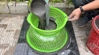 Flower pot craft ideas  Tips make garden cement flower pot from plastic basket [upl. by Sergu]