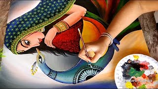 Full Video  Lady with Peacock Acrylic Painting  Traditional Painting Step By StepCanvas Painting [upl. by Nohtiek407]