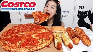 HUGE COSTCO FOOD FEAST Cheesy Pepperoni Pizza Chicken Bake amp Hot Dog  Mukbang w Asmr Eating [upl. by Nalehp]