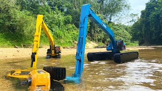 Story Line  Kobelco Amphibious Saving The Huina 1550 Stuck In Water [upl. by Rodrick]