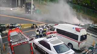 【衝撃映像】暴走乗用車激突LPガスボンベ大爆発炎上未遂パトカー消防救急車大集合【死者重傷者０です】 [upl. by Edmondo]