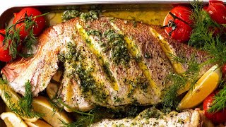 Whole Baked Fish  Herb Stuffed with Garlic Butter Dill Sauce [upl. by Ahsien]