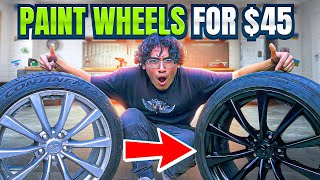 HOW TO SPRAY PAINT WHEELS ON YOUR CAR FOR A QUICK 45 [upl. by Kareem]