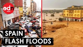 Terrifying Footage Shows Flash Floods in Spain Sweep Away Walls and Cars [upl. by Wickner]