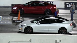 The difference between Plaid and model 3 Tesla  drag racing [upl. by Lipman]