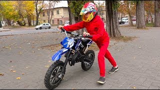 Kids Ride on Power Wheels and Pretend Play with Cross Mini Motorbike  Video for Children [upl. by Bow]