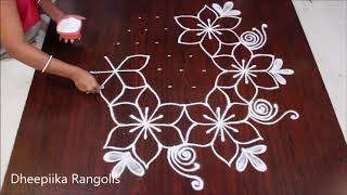 very easy flower rangoli designwith 9x5 dots beautifull pulli kolam latest chukkala muggulu designs [upl. by Mikeb]