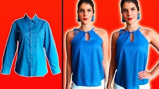 7 TRANSFORMAR CAMISA DE HOMBRE EN UNA BLUSA DE MUJER CON CUELLO HALTER Y ABERTURA  ByMariG [upl. by Nodnarb]