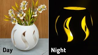 Easy Flower Pot With Night Lamp  Gypsum Art  Flower vase making at home  White Cement Craft Ideas [upl. by Aifoz]