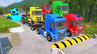 Double Flatbed Trailer Truck vs Speedbumps Train vs Cars  Tractor vs Train BeamngDrive 050 [upl. by Elocal]