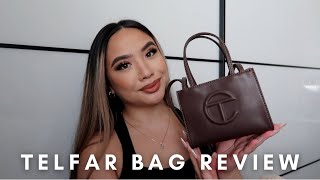 TELFAR SMALL BAG REVIEW 2022  SMALL CHOCOLATE TELFAR   WHATS IN MY BAG [upl. by Brucie200]