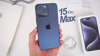 iPhone 15 Pro Max Unboxing HandsOn amp First Impressions Blue Titanium [upl. by Ytrebil]