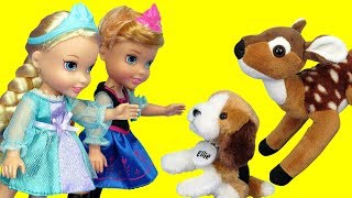 Elsa and Anna toddlers feed cute stuffed animal pets [upl. by Rosenbaum]